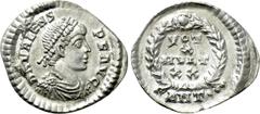 Roman Imperial Coins VALENS (364-378). Siliqua. Antioch. Obv: D N VALENS P F AVG. Diademed, draped and cuirassed bust right. Rev: VOT / X / MVLT / XX in four lines within wreath; • ANT • •. RIC 34b.3.