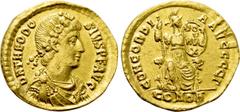 Roman Imperial Coins THEODOSIUS I (379-395). GOLD Solidus. Constantinople. Obv: D N THEODOSIVS P F AVG. Rosette-diademed, draped and cuirassed bust right. Rev: CONCORDIA AVGGG Γ / CONOB. Concordia sea