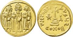 Byzantine Coins HERACLIUS with HERACLIUS CONSTANTINE and HERACLONAS (610-641). GOLD Solidus. Constantinople. Obv: Heraclius, Heraclius Constantine and Heraclonas standing facing, each holding globus c