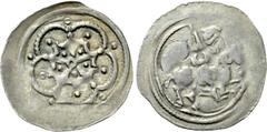Medieval Coins HOLY ROMAN EMPIRE. Ottokar IV (Duke of Styria, 1164-1192). Pfennig. Fischau. Obv: Warrior, holding sword, on horse rearing right. Rev: Floral pattern of five petals, each containing cre