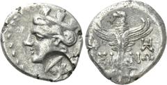 Greek Coins PAPHLAGONIA. Sinope. Hemidrachm (Circa 3rd BC). Obv: Female head wearing turreted crown left; c/m: head of Hermes with petasos within incuse circle. Rev: ΣΙ - ΝΩ. Eagle facing, head left, 