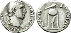 Roman Imperial Coins VITELLIUS (69). Denarius. Rome. Obv: A VITELLIVS GERMAN IMP TR P. Laureate head right. Rev: XV VIR SACR FAC. Tripod surmounted by dolphin right; below, raven standing right. RIC² 