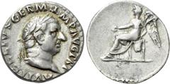 Roman Imperial Coins VITELLIUS (69). Denarius. Rome. Obv: A VITELLIVS GERMAN IMP TR P. Bare head right. Rev: Victory seated left on throne, holding patera and palm frond. RIC² 88 var. (laureate). Cond