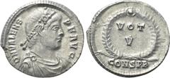Roman Imperial Coins VALENS (364-378). Siliqua. Constantinople. Obv: D N VALENS P F AVG. Diademed, draped and cuirassed bust right. Rev: VOT / V. Legend in two lines within wreath; CONSPB. RIC 13d. Ra