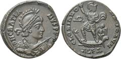 Roman Imperial Coins GRATIAN (367-383). Follis. Alexandria. Obv: DN GRATIANVS PF AVG. Helmeted, draped and cuirassed bust right, holding spear and shield. Rev: GLORIA ROMANORVM / ALEA. Emperor standin