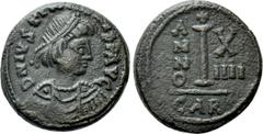 Byzantine Coins JUSTINIAN I (527-565). Decanummium. Carthage. Dated RY 14 (540/1). Obv: DN IVSTINIANVS PP AVG. Diademed, draped and cuirassed bust right. Rev: Large I between ANNO and X/IIII; above, c