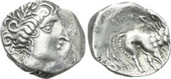 Celtic Coins GAUL. Insubres. Drachm (3rd-2nd centuries BC). Imitating Massalia. Obv: Female head right; wearing earring. Rev: "Scorpion lion" standing right. LT 2126. Condition: Very fine. Weight: 2.4