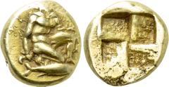 Greek Coins MYSIA. Kyzikos. EL Hemihekte (5th-4th centuries BC). Obv: Perseus kneeling right, head left, holding harpa and severed head of the Medusa; below, tunny right. Rev: Quadripartite incuse squ