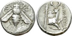 Greek Coins IONIA. Ephesos. Tetradrachm (Circa 370-360 BC). Menesippos, magistrate. Obv: Ε - Φ. Bee. Rev: MENEΣIΠΠOΣ. Forepart of stag right, head left; palm tree to left. Pixodarus hoard p. 183, Clas