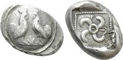 Greek Coins DYNASTS OF LYCIA. Teththiwebi (Circa 440-430 BC). Stater. Kandyba (?). Obv: Two cocks facing one another on a round shield; symbol between them. Rev: T↑XX. Tetraskeles; all in dotted squar
