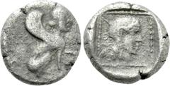 Greek Coins DYNASTS OF LYCIA. Uvug (Circa 470-440 BC). Trihemiobol. Uncertain mint. Obv: Sphinx seated right. Rev: OFOY. Head of Apollo right,all within incuse square. Müseler IV, A. 11-12. Condition: