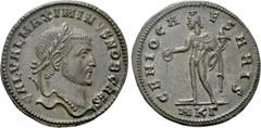Roman Imperial Coins MAXIMINUS DAIA (Caesar, 305-309). Follis. Cyzikus. Obv: GAL VAL MAXIMINVS NOB CAES. Laureate head right. Rev: GENIO CAESARIS / MKΓ. Genius standing facing, head left, holding pate