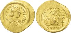 Byzantine Coins JUSTINIAN I (527-565). GOLD Semissis. Constantinople. Obv: D N IVSTINIANVS P P AVG. Diademed, draped and cuirassed bust right. Rev: VICTORIA AVGGG / CONOB. Victory seated right on shie