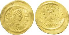Byzantine Coins JUSTINIAN I (527-565). GOLD Semissis. Constantinople. Obv: D N IVSTINIANVS P P AVG. Diademed, draped and cuirassed bust right. Rev: VICTORIA AVGGG / CONOB. Victory seated right on shie