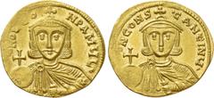 Byzantine Coins LEO III THE "ISAURIAN" with CONSTANTINE V (717-741). GOLD Solidus. Constantinople. Obv: δ N D LЄON P A MЧL. Crowned and draped facing bust of Leo, holding globus cruciger and akakia. R