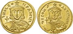 Byzantine Coins LEO III THE "ISAURIAN" with CONSTANTINE V (717-741). GOLD Solidus. Constantinople. Obv: δ N D LЄON P A MЧL. Crowned and draped facing bust of Leo, holding globus cruciger and akakia. R