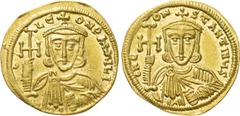 Byzantine Coins CONSTANTINE V COPRONYMUS with LEO III (741-775). GOLD Solidus. Constantinople. Obv: 6 LЄOh P A MЧL. Crowned and draped facing bust of Leo, holding cross potent and akakia. Rev: A CONST