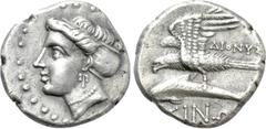 Greek Coins PAPHLAGONIA. Sinope. Drachm (Circa 330-300 BC). Dionys-, magistrate. Obv: Head of nNymph left, with hair in sakkos. Rev: ΔΙΟΝΥΣI / ΣΙΝΩ. Sea eagle on dolphin left. SNG BM Black Sea 1485. C