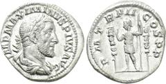Roman Imperial Coins MAXIMINUS THRAX (235-238). Denarius. Rome. Obv: IMP MAXIMINVS PIVS AVG. Laureate, draped and cuirassed bust right. Rev: P M TR P II COS P P. Emperor standing left with spear, flan
