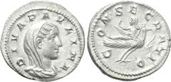 Roman Imperial Coins DIVA PAULINA (Died before 235). Denarius. Rome. Struck under Maximinus Thrax. Obv: DIVA PAVLINA. Veiled and draped bust right. Rev: CONSECRATIO. Diva Paulina, raising hand and hol