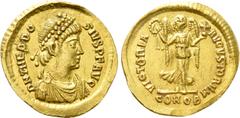 Roman Imperial Coins THEODOSIUS I (379-395). Tremissis. Constantinople. Obv: D N THEODOSIVS P F AVG. Diademed, draped and cuirassed bust right. Rev: VICTORIA AVGVSTORVM / CONOB. Victory advancing righ