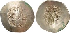 Byzantine Coins ALEXIUS III ANGELUS-COMNENUS (1195-1203). EL Aspron Trachy. Constantinople. Obv: KЄPO HΘЄ / IC - XC. Christ Pantokrator seated facing on throne. Rev: AΛЄΞIW ΔЄCΠ Tω KOMHNω. Alexius and