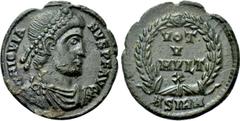 The K.L. Collection of Late Roman Coins JOVIAN (363-364). Ae. Sirmium. Obv: D N IOVIANVS P F AVG. Diademed, draped and cuirassed bust right. Rev: VOT / V / MVLT / X / ASIRM. Legend in four lines. RIC 