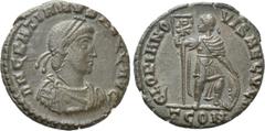 The K.L. Collection of Late Roman Coins GRATIAN (367-383). Follis. Arelate. Obv: DN GRATIANVS PF AVG. Diademed, draped and cuirassed bust right. Rev: GLORIA NOVI SAECVLI / TCON. Gratian sanding facing