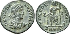 The K.L. Collection of Late Roman Coins GRATIAN (367-383). Follis. Kyzikos. Obv: DN GRATIANVS PF AVG. Diademed, draped and cuirassed bust right. Rev: CONCORDIA AVGGG / (cross) / SMKA. Helmeted Roma, s