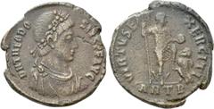 The K.L. Collection of Late Roman Coins THEODOSIUS I (379-395). Ae. Antioch. Obv: DN THEODOSIVS PF AVG. Diademed, draped and cuirassed bust right. Rev: VIRTVS EXERCITI / ANTB. Emperor standing right, 