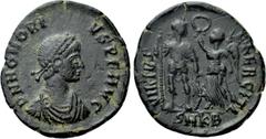 The K.L. Collection of Late Roman Coins HONORIUS (393-423). Ae. Cyzicus. Obv: DN HONORIUS AVG. Diademed and draped bust right. Rev: VIRTVS EXERCITI / SMKB. Emperor standing left, holding spear and res
