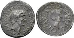 Roman Republican Coins MARK ANTONY and OCTAVIAN. Denarius (41 BC). Military mint travelling with Mark Antony. Obv: M ANTON IMP III VIR R P C AVG. Bare head of Mark Antony right. Rev: CAESAR IMP PONT I