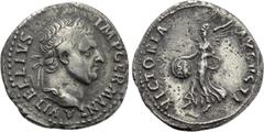 Roman Imperial Coins VITELLIUS (69). Denarius. Lugdunum. Obv: A VITELLIVS IMP GERMAN. Laureate head right, with globus at point of neck. Rev: VICTORIA AVGVSTI. Victory advancing left, holding palm fro