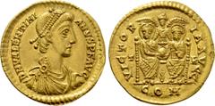 Roman Imperial Coins VALENTINIAN II (375-392). GOLD Solidus. Treveri. Obv: D N VALENTINIANVS P F AVG. Diademed, draped and cuirassed bust right. Rev: VICTORIA AVGG / T - R / COM. Two emperors seated f