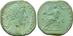 Roman Imperial Coins COMMODUS (177-192). Sestertius. Rome. Obv: M COMMODVS ANT P FELIX AVG BRIT. Laureate head right. Rev: PM TR P XI IMP VII COS V PP / S - C. Commodus seated left on curule chair, ho
