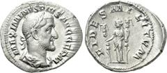 Roman Imperial Coins MAXIMINUS THRAX (235-238). Denarius. Rome. Obv: MAXIMINVS PIVS AVG GERM. Laureate, draped and cuirassed bust right. Rev: FIDES MILITVM. Fides standing left, holding signum in each