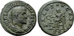 Roman Imperial Coins MAXIMINUS THRAX (235-238). As. Rome. Obv: MAXIMINVS PIVS AVG GERM. Laureate, draped and cuirassed bust right. Rev: SALVS AVGVSTI / S C. Salus seated left on throne, resting elbow 