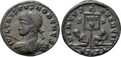Roman Imperial Coins CRISPUS (Caesar, 316-326). Follis. Siscia. Obv: IVL CRISPVS NOB CAES. Laureate and cuirassed bust left, holding shield and spear. Rev: VIRTVS EXERCIT / S - F/ E SIS ✷. Vexillum in