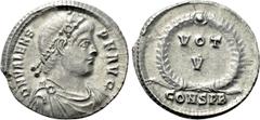 Roman Imperial Coins VALENS (364-378). Siliqua. Constantinople. Obv: D N VALENS P F AVG. Diademed, draped and cuirassed bust right. Rev: VOT / V. Legend in two lines within wreath; CONSPB. RIC 13d. Ra