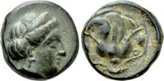 Greek Coins CARIA. Rhodes. Ae (Circa 404-385 BC). Obv: Head of the nymph Rhodos right. Rev: O - (retrograde P). Rose with bud to left. HGC 6, 1476. Condition: Good very fine. Weight: 1.52 g. Diameter: