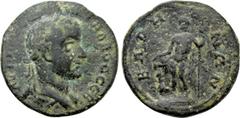 Roman Provincial Coins LYCIA. Baris. Trebonianus Gallus (251-253). Ae. Obv: AYT Γ OYEIB TΡΒ ΓAΛΛOC CEB. Laureate and draped bust right. Rev: BAΡHNΩN. Dionysos standing facing, head left, holding kanth