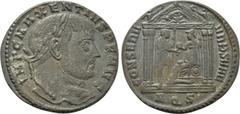Roman Imperial Coins MAXENTIUS (307-312). Follis. Aquileia. Obv: IMP C MAXENTIVS P F AVG. Laureate head right. Rev: CONSERV VRB SVAE / AQS. Hexastyle temple, containing Roma seated left on throne, hol
