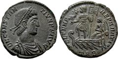 Roman Imperial Coins CONSTANTIUS II (337-361). Ae. Treveri. Obv: D N CONSTANTIVS P F AVG. Diademed, draped and cuirassed bust right. Rev: FEL TEMP REPARATIO / TRS. Constantius standing left on galley,