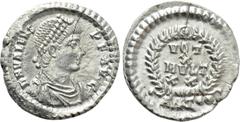 Roman Imperial Coins VALENS (364-378). Siliqua. Antioch. Obv: D N VALENS P F AVG. Diademed, draped and cuirassed bust right. Rev: VOT / X / MVLT / XX / ANT • •. Legend in four lines within wreath. RIC