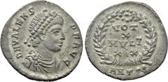 Roman Imperial Coins VALENS (364-378). Siliqua. Antioch. Obv: D N VALENS P F AVG. Diademed, draped and cuirassed bust right. Rev: VOT / X / MVLT / XX / ANT • •. Legend in four lines within wreath. RIC