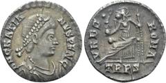Roman Imperial Coins GRATIAN (367-383). Siliqua. Treveri. Obv: D N GRATIANVS P F AVG. Diademed, draped and cuirassed bust right. Rev: VRBS ROMA / TRPS. Roma seated left on cuirass, holding spear and v