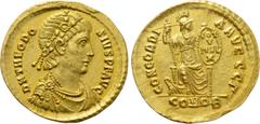 Roman Imperial Coins THEODOSIUS I (379-395). GOLD Solidus. Constantinople. Obv: D N THEODOSIVS P F AVG. Diademed, draped and cuirassed bust right. Rev: CONCORDIA AVGGG Γ / CONOB. Concordia seated faci