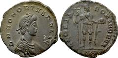 Roman Imperial Coins HONORIUS (393-423). Ae. Nicomedia. Obv: D N HONORIVS P F AVG. Diademed draped and cuirassed bust right. Rev: GLORIA ROMANORVM / SMNA. Honorius standing facing, head right, holding