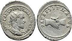 Roman Imperial Coins PUPIENUS (238). Antoninianus. Rome. Obv: IMP CAES PVPIEN MAXIMVS AVG. Radiate, draped and cuirassed bust right. Rev: PATRES SENATVS. Clasped hands. RIC 11b. Condition: Very fine. 