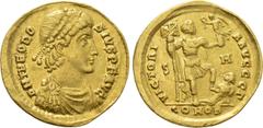 Roman Imperial Coins THEODOSIUS I (379-395). GOLD Solidus. Sirmium. Obv: D N THEODOSIVS P F AVG. Pearl-diademed, darped and cuirassed bust right. Rev: VICTORIA AVGGG Γ / S - M / CONOB. Emperor standin